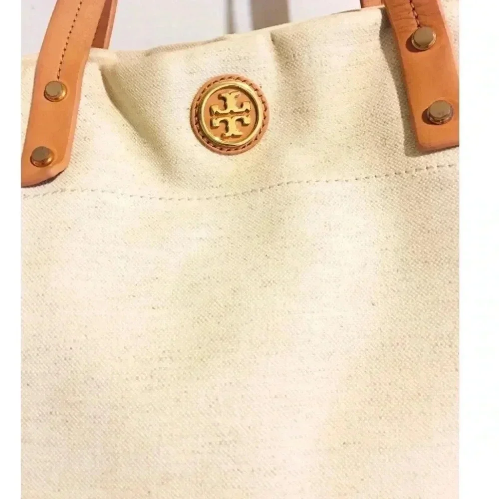 Tory Burch beige/ blue green striped canvas hobo handbag